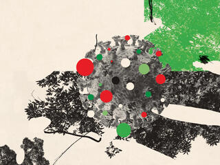 Red and green germ illustration with trees