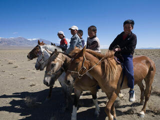 A group of people on horseback in a row smile and look at the camera