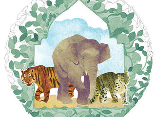 Illustration of elephant and big cats with vegetation