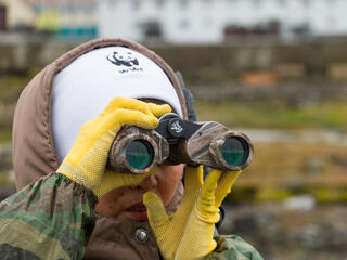 Closeup of a woman looking through binnoculars, wearing yellow gloves and a white hat, blurry background