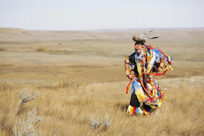 A member of the Lakota First Nations performs a traditional dance at the opening ceremonies celebrating the Black-footed ferret release at Grasslands National Park, Saskatchewan, Canada.