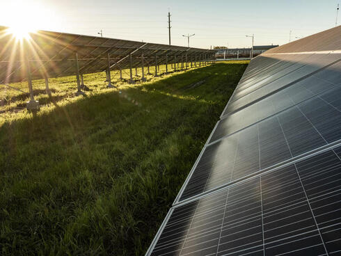 Solar panels stretch across a field as the sun sets