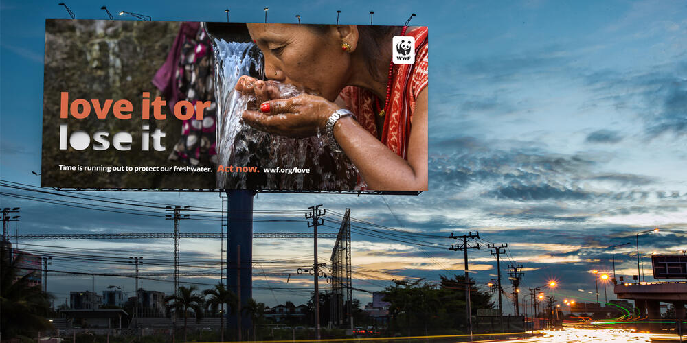  Billboard along a road with a woman drinking water and the line 'love it or lose it'