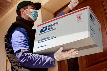 Postal carrier at door with box