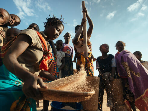Woman dehusking and seperating various grains such as millet, maize and sorghum along the road to Niassa Game Reserve