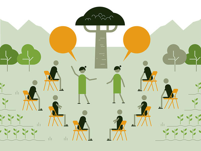 Graphic illustration of 8 figures sit and listen to two figures speaking to show the safeguard of 'learn from and empower communities'