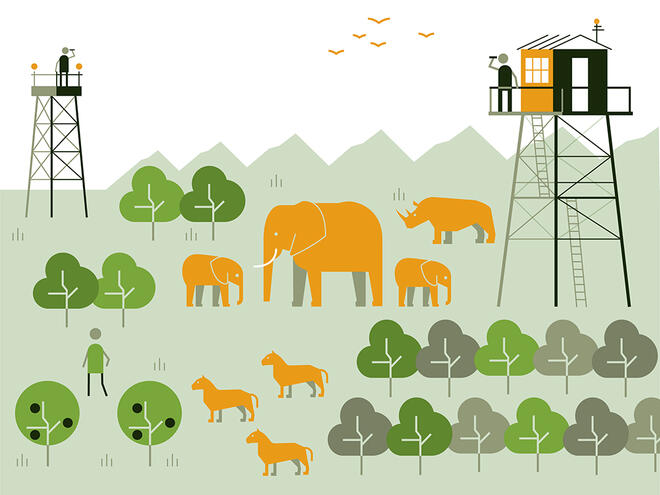 Illustration of two figures with binoculars stand on a watch tower looking out over a landscape with a person, giraffe, three elephants and three lions roaming in it to show the WWF safeguard 'protect nature and wildlife'