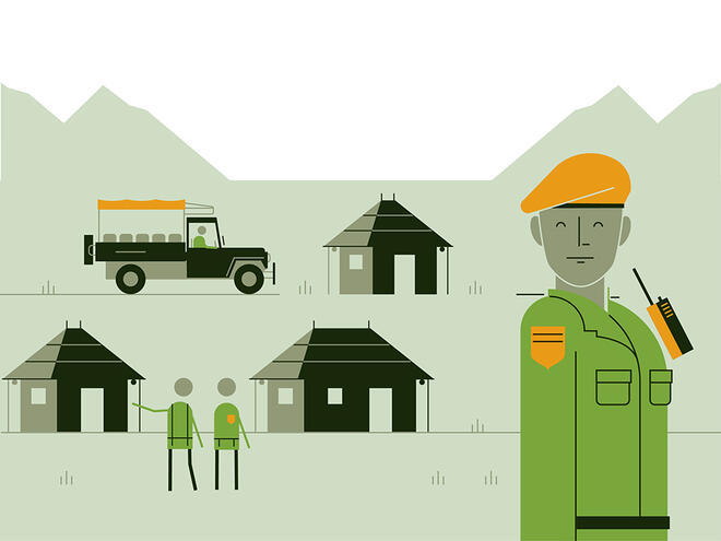 Illustration of a ranger station with three houses, a car and ranger smiling shows the WWF safeguard 'provide protection for both people and wildlife'.